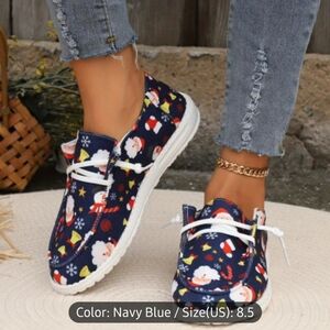 Navy Blue Santa Print Women's Loafers